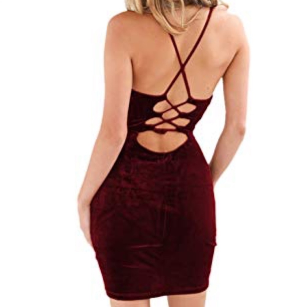 Crushed velvet wine dress w/ crisscrossed back